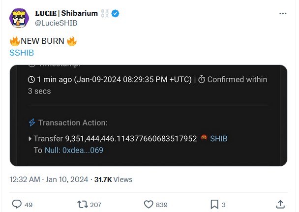 SHIBAINU团队焚烧了476万美元5周内烧毁430亿个SHIB