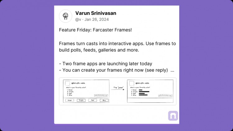 在一篇文章中了解 Farcaster 的新功能框架：将任何帖子转换为交互式应用程序。加密社交网络将增