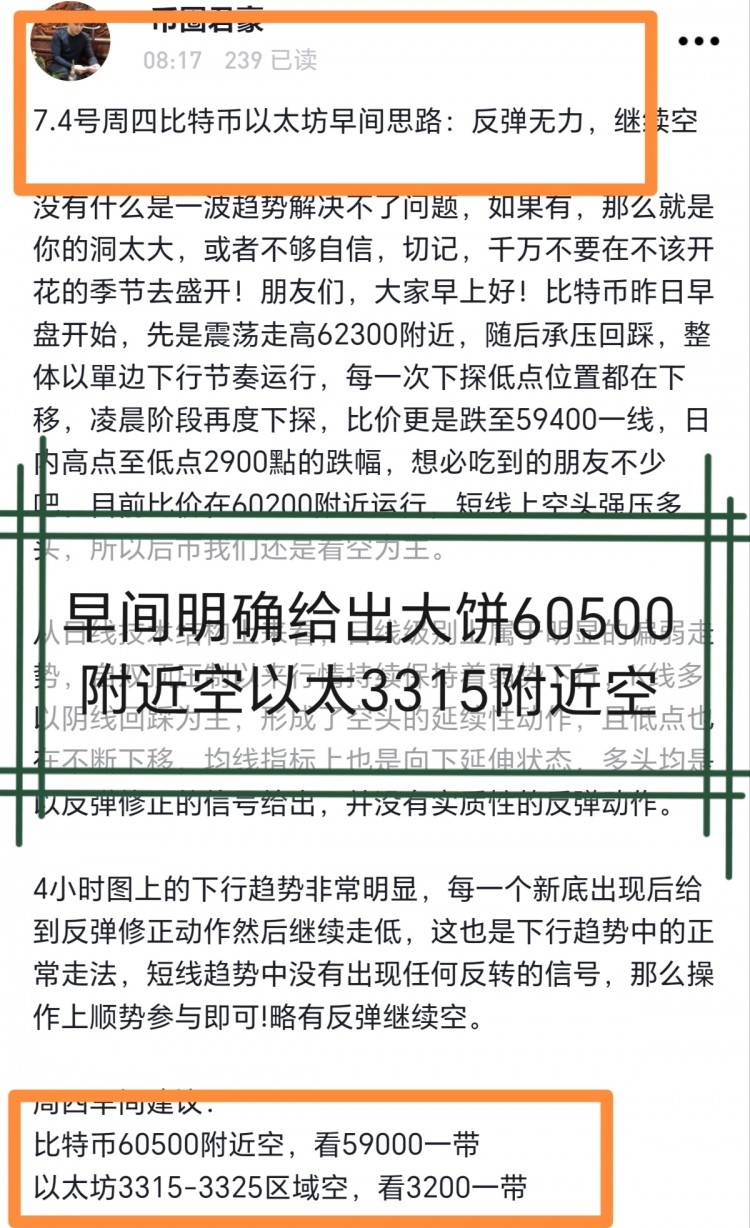 [币圈君豪]7.4号比特币以太坊午后思路分享：早间神准给出60500/3315看空