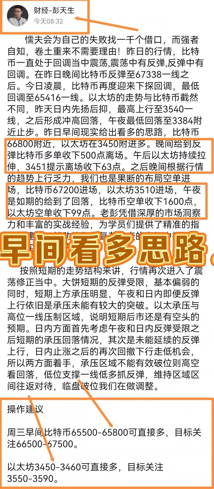 彭天生周四早间比特币以太坊操作建议